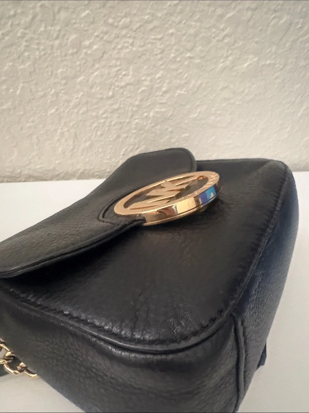 Michael Kors Black Leather Crossbody with Gold MK Emblem